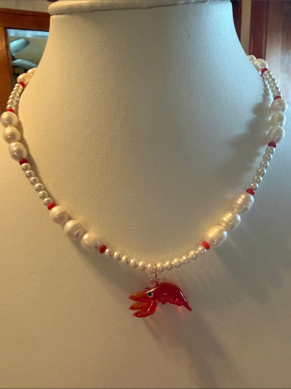 Audrey Limoges Collection Handmade White Pearl Necklace with Glass Prawn